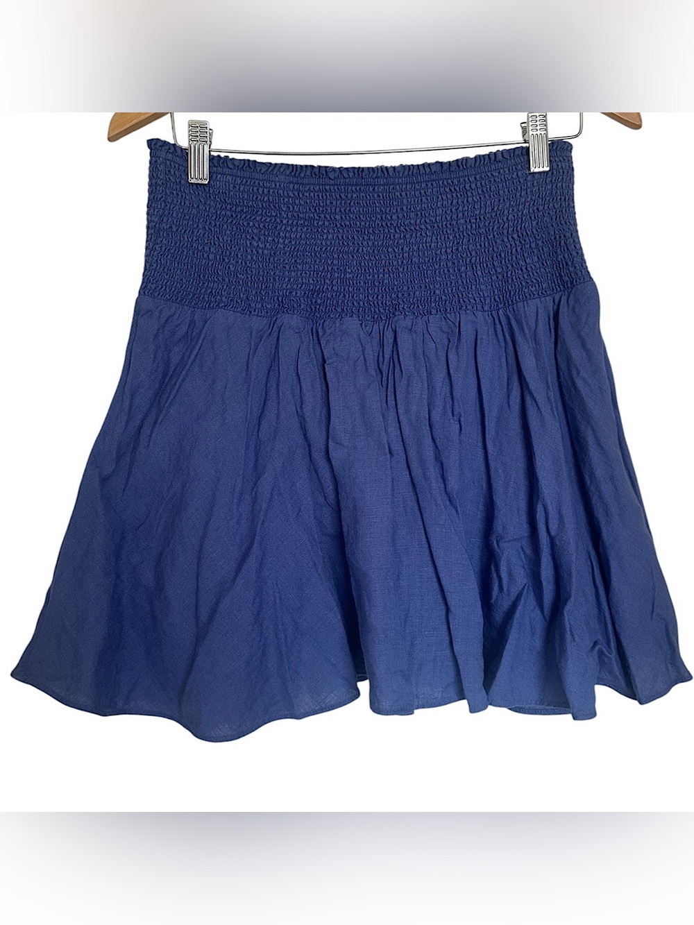 J. Crew Smocked Waist 100% Linen Mini Skirt Size L Blue Preppy Flowy Drop Waist